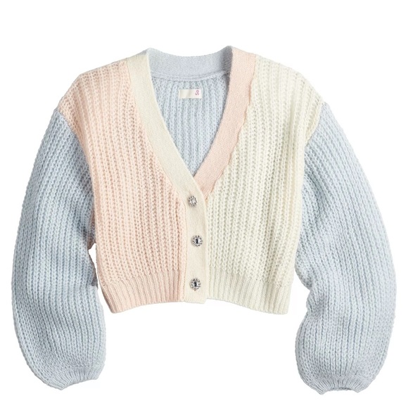 SO CROPPED CARDIGAN PASTEL COLORBLOCK BALLOON SLEEVE SWEATER SZ MED - Picture 1 of 12